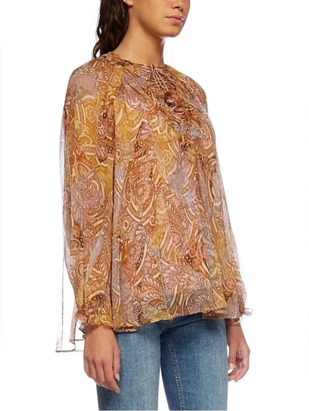 Zimmermann Paisley Lace-Up Sheer Blouse in Rust and Mustard